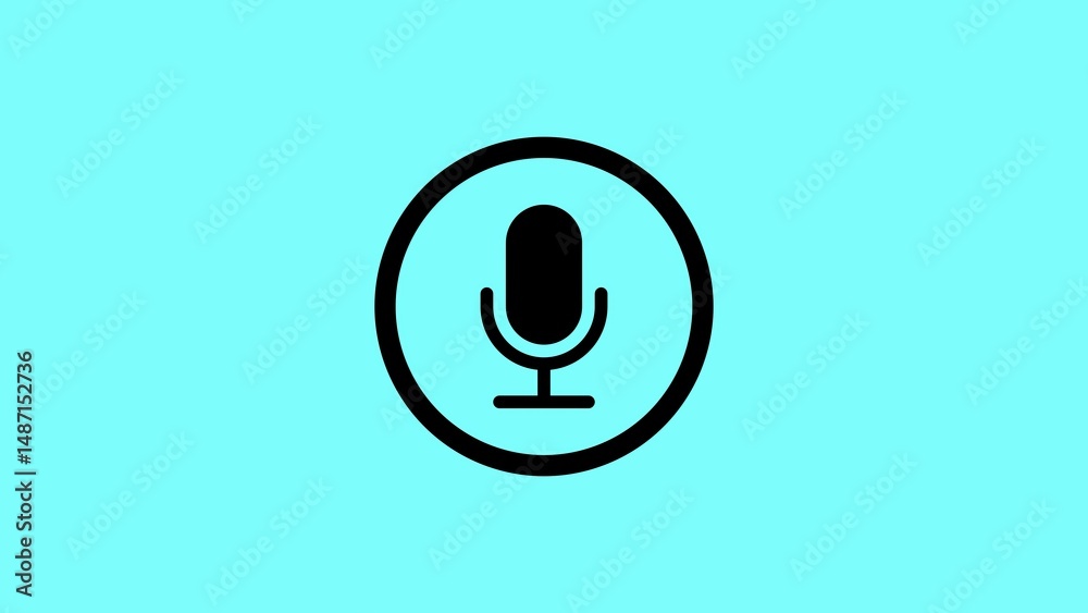 Poster simple microphone icon within a circle on a blue background depicting voice recording audio and soun