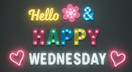 Fototapeta premium Hello Happy Wednesday Neon Sign