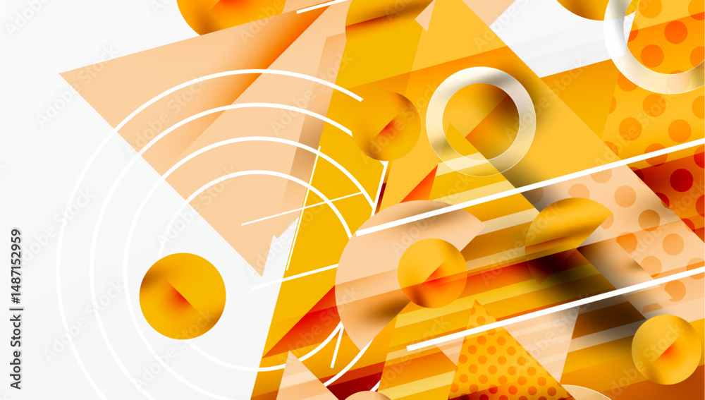 Poster Abstract geometric composition. Orange, yellow hues dominate design. Circles, triangles, rectangles overlap creating dynamic visual effect.