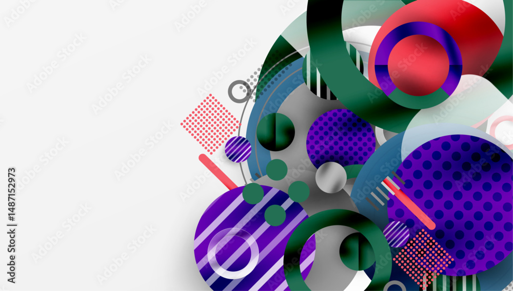 Poster Abstract geometric composition. Circles, lines, dots create dynamic visual effect. Modern design elements present vibrant color scheme.