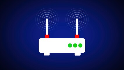 Modern white wireless router design with dual antennas depicting wi-fi signal transmission on a deep blue background for technological illustration