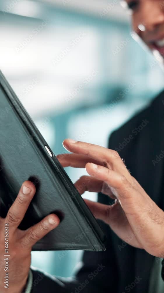 Poster office, business and hands of man on tablet for networking, internet connection and financial planni
