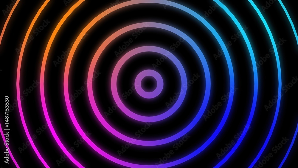 Poster abstract colorful concentric circles with neon gradients against a black background creating a dynam