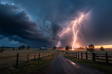Dark thunderstorm clouds rolling over a flat rural landscape, lightning bolt visible in the distance, moody dramatic light, cinematic realism 