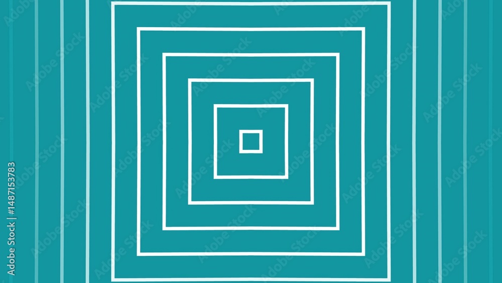 Poster teal and white geometric pattern composed of concentric squares and vertical lines creating a modern