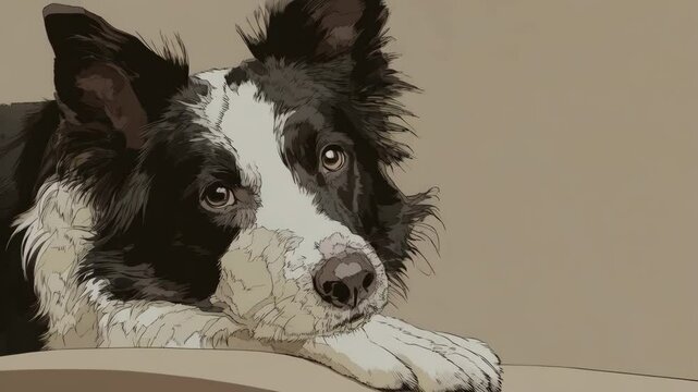 Black and white Collie-type dog illustration laying down in soft colors with gentle expression and watchful eyes, calm animal art.