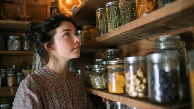 Botanical Bounty: A young woman thoughtfully surveys a rustic pantry shelf, filled with an array of preserved herbs and ingredients, celebrating the art of natural preservation.