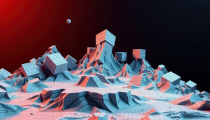 Abstract grid landscape with floating cubes, digital art, surreal, dreamscape