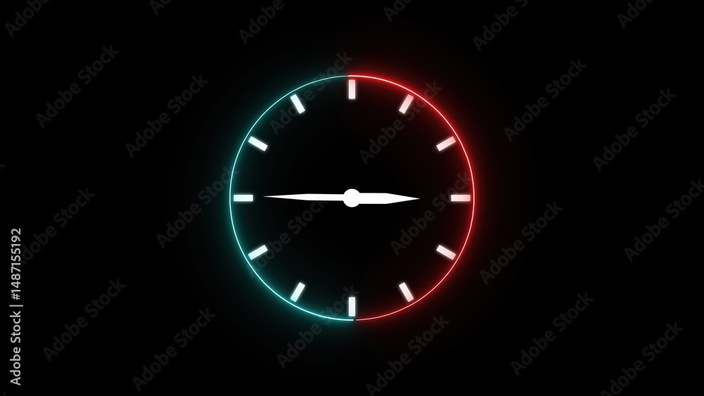 Poster glowing neon clock dial against a black background showing time concepts and design elements for mod