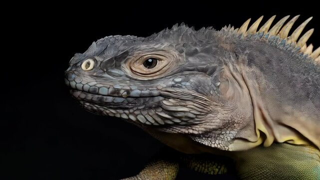 Close up of a lizard reptile face featuring scales, small yellow eyes, and a grey skin tone on a black background in a studio