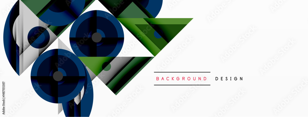 Poster Abstract geometric shapes, blue, green, white. Modern design elements create dynamic composition. Minimalist style, clean lines.