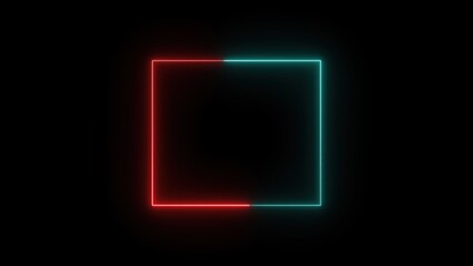 Geometric neon square glowing with red and teal light on a black background, perfect for modern designs and futuristic concepts.