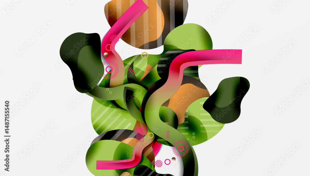 Poster Abstract composition. Overlapping shapes, vibrant colors, dynamic forms create modern visual experience. Green, pink, orange dominate.