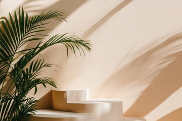 Light beige backdrop featuring a plant and steps.