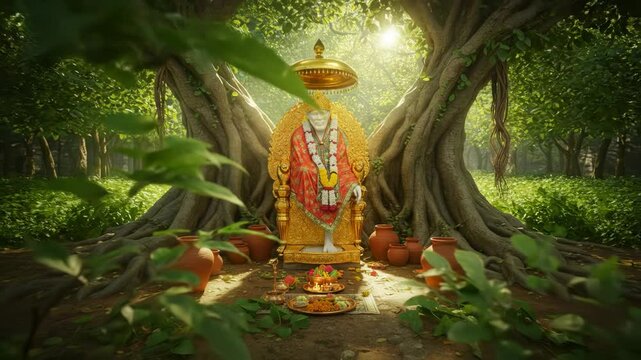 Serene statue of a sai baba adorned with flowers and jewelry, surrounded by lush greenery and offerings