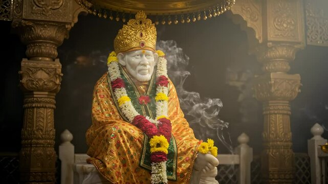Serene statue of a sai baba adorned with flowers, surrounded by soft mist in a tranquil temple setting