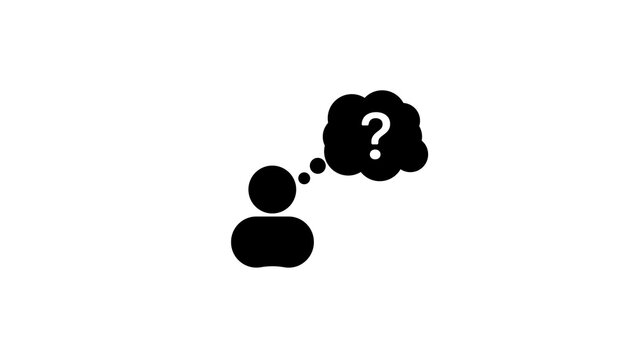 Black and white illustration of a person thinking featuring a question mark inside of a thought bubble representing uncertainty and contemplation