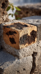 Fototapeta premium Burnt brick atop weathered stone wall