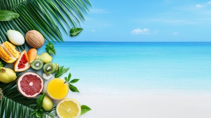 Obraz premium Fresh Fruits and Tropical Beach Background with Green Leaves
