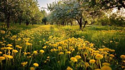 Fototapeta premium A wide field of flowering dandelions lit by golden sunlight, framed by flowering apple trees and soft green foliage.
