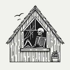 Skeleton in a spooky attic. Halloween Skull Bones Anatomy Skeletal Clipart Line Art Vector Illustration. Bony figure within terrifying garret macabre home creepy lodging.