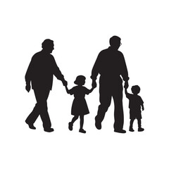 Grandparents Walking with Grandchildren Silhouette – Black Vector Clipart on White Background