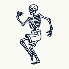 Obraz premium Skeleton in a spooky dance pose. Halloween Skull Bones Anatomy Skeletal Clipart Line Art Vector Illustration. Boney figure frightening rhythmic movement ghostly eerie idea.