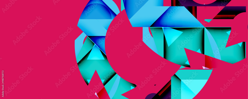 Poster abstract geometric shapes, vibrant blues, pink background. modern design, layered forms create dynam