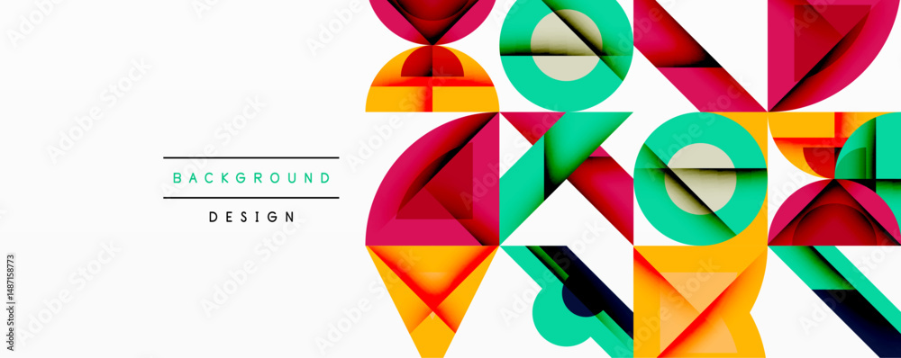 Poster Abstract geometric shapes overlap, creating vibrant colorful background. Design features triangles, circles, lines, modern aesthetic.