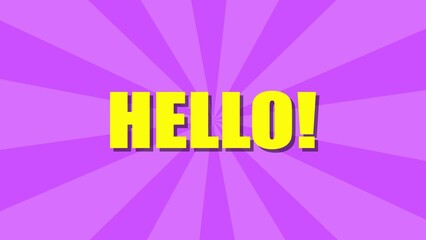 Vibrant yellow hello message on a purple burst background creates a bold and eye-catching design suitable for greeting cards and social media posts.
