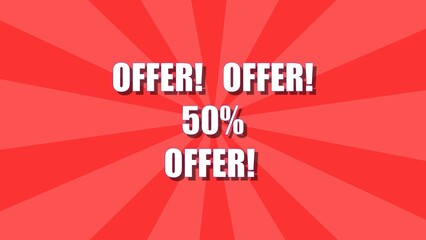 Fototapeta premium Dynamic and eye-catching promotional graphic advertising a special offer with a 50% discount on a vibrant red background.