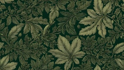 Intricate botanical pattern features olive green foliage on a deep emerald ground, evoking elegance.
