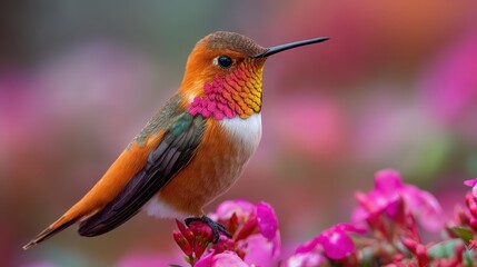 Fototapeta premium Vibrant Hummingbird Perched on Blooming Pink Flowers with Stunning Iridescent Feathers and a Soft Focus Background in Nature