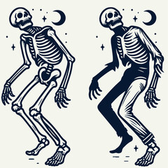 Obraz premium Skeleton in a zombie pose. Halloween Skull Bones Anatomy Skeletal Clipart Line Art Vector Illustration. Bony humanoid figure decaying undead stance for spooky decor theme.