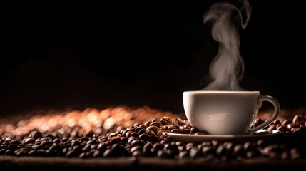 An inviting coffee scene with a white cup radiating steam, surrounded by dark roasted beans glistening in warm light.