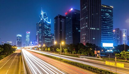 Fototapeta premium Cityscape night view with blurred car lights on a highway, Shenzhen China
