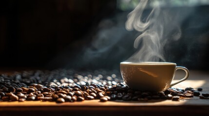 An inviting coffee scene with a white cup radiating steam, surrounded by dark roasted beans glistening in warm light.