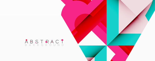 Geometric shapes overlap, creating vibrant abstract background. Pink, red, teal colors dominate design. Modern, clean aesthetic.