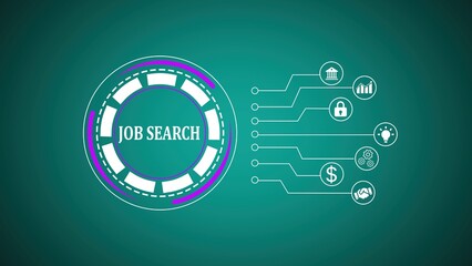Job search process represented through modern ui design showing data analytics financial security and business success on teal background.