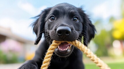 Cute Black Puppy Playing with Rope Toy