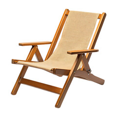 Sport Inspired Reclining Wooden Beach Chair with a Tan Seat Isolated on Transparent Background