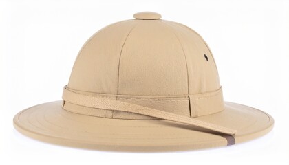Classic safari helmet isolated on white background, evokes adventure and travel
