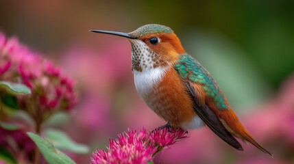 Fototapeta premium Vibrant Hummingbird Perched on a Colorful Flower with Lush Background in Nature, Showcasing Beautiful Colors and Intricate Details in a Serene Environment