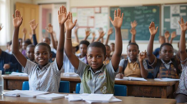African students raising hands in classroom