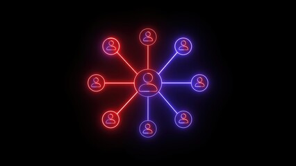 Neon illuminated network structure depicting connections and relationships within a digital community on a solid black background