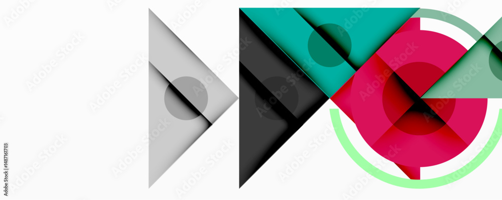 Poster abstract geometric shapes overlap, creating dynamic composition. colors include teal, pink, gray, pl