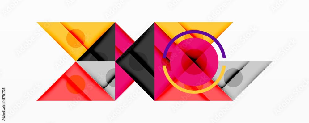 Poster Abstract geometric composition. Shapes overlap, creating dynamic visual effect. Colors include pink, orange, black, gray. Modern design.