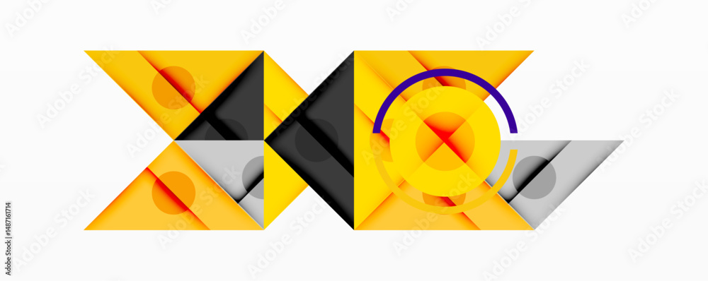 Poster Abstract geometric design. Yellow, black, gray shapes intersect. Purple circle adds contrast, creating dynamic composition.