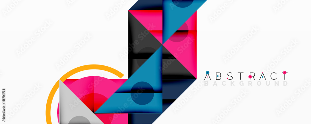 Poster modern geometric design. bright shapes overlap, creating dynamic visual effect. pink, blue, yellow h