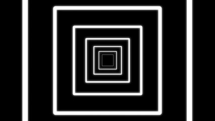 Abstract glowing white squares tunnel against a black background creating a modern and geometric visual illusion for creative design projects